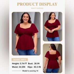 Red Plus Size Sweetheart Neck Short Sleeve Blouse (3X)